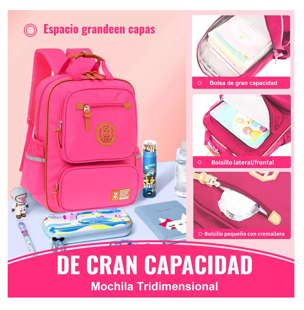 Foto 5 pulgar | Mochila De Escuela Primaria Impermeable Rose Red