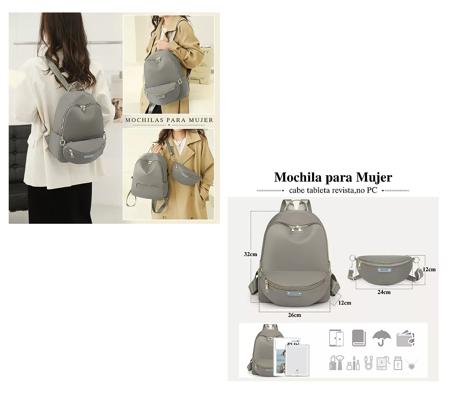 Foto 3 pulgar | Bolsas Mochilas Escolares De Mujer Bolso Antirrobo 2 Piezas Moda Caqui