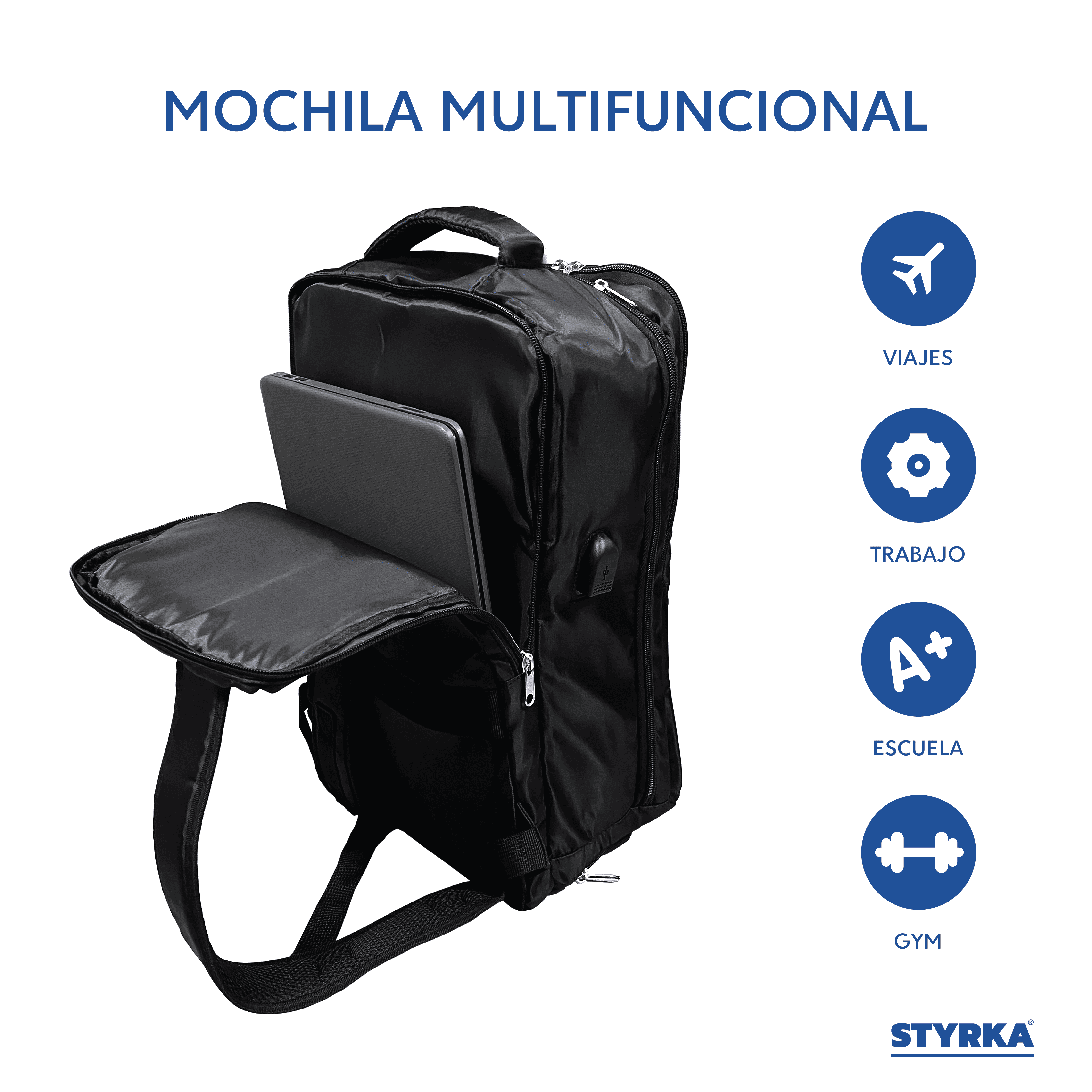Foto 2 | Mochila Impermeable Para Laptop STYRKA Con Puerto Usb Para Viaje Color Negro
