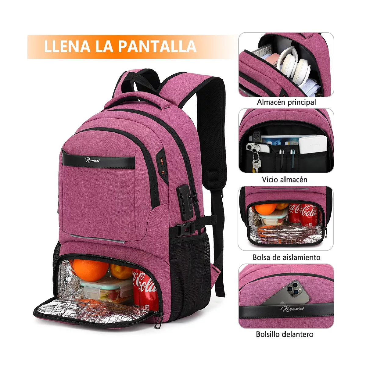 Foto 4 | Mochila Almuerzo Antirrobo Impermeable Portátil 15.6 Pulgadas Púrpura