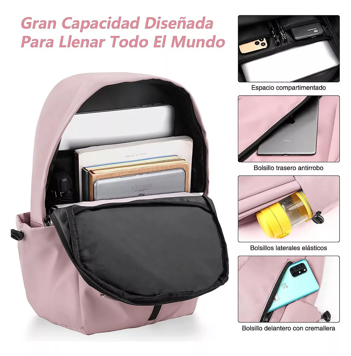 Foto 5 pulgar | Mochila Rosa Multifuncional Impermeable Resistente al Desgaste