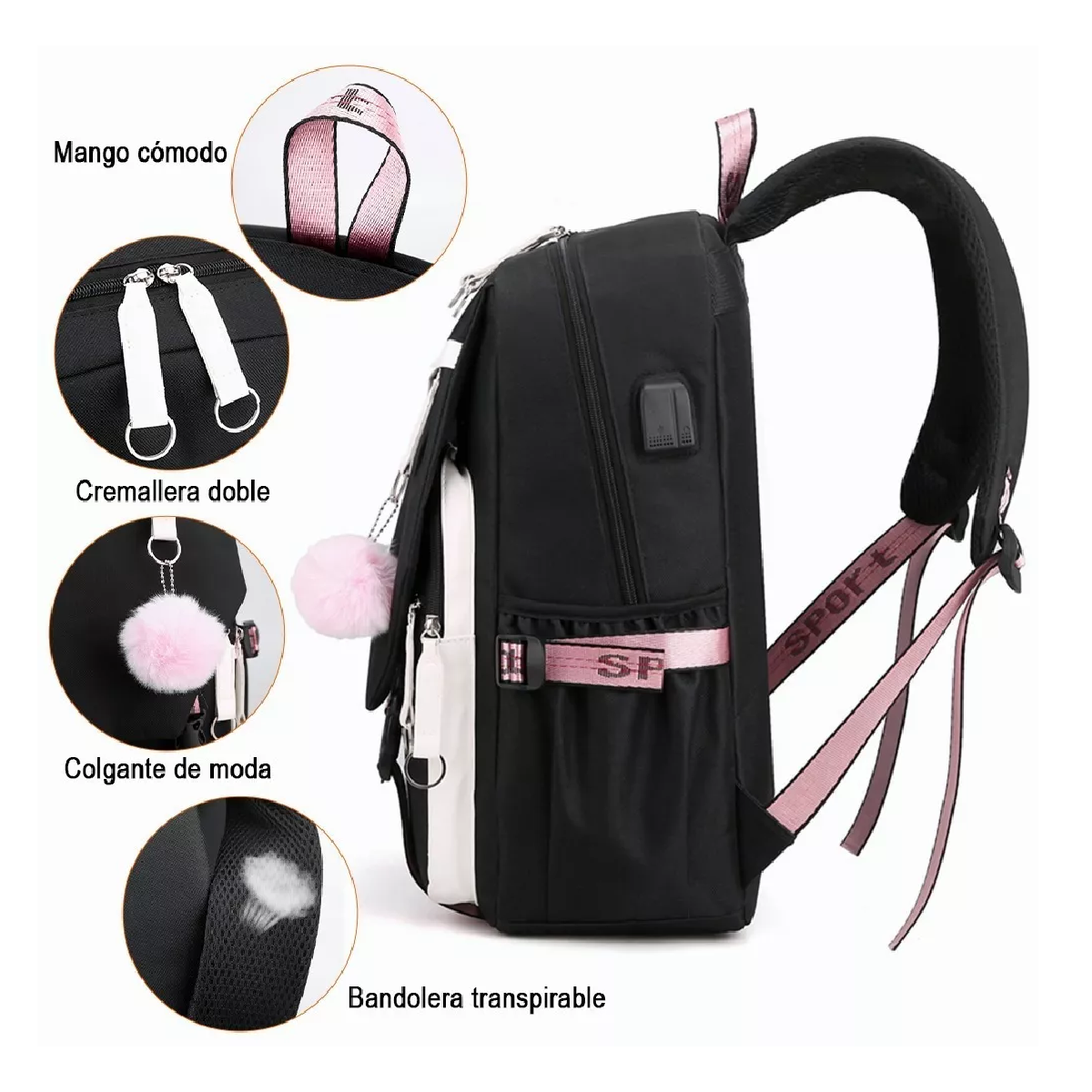 Foto 2 | Mochila Kawaii Estilo Coreano Juvenil Con Puerto Usb Rosa Y Negro