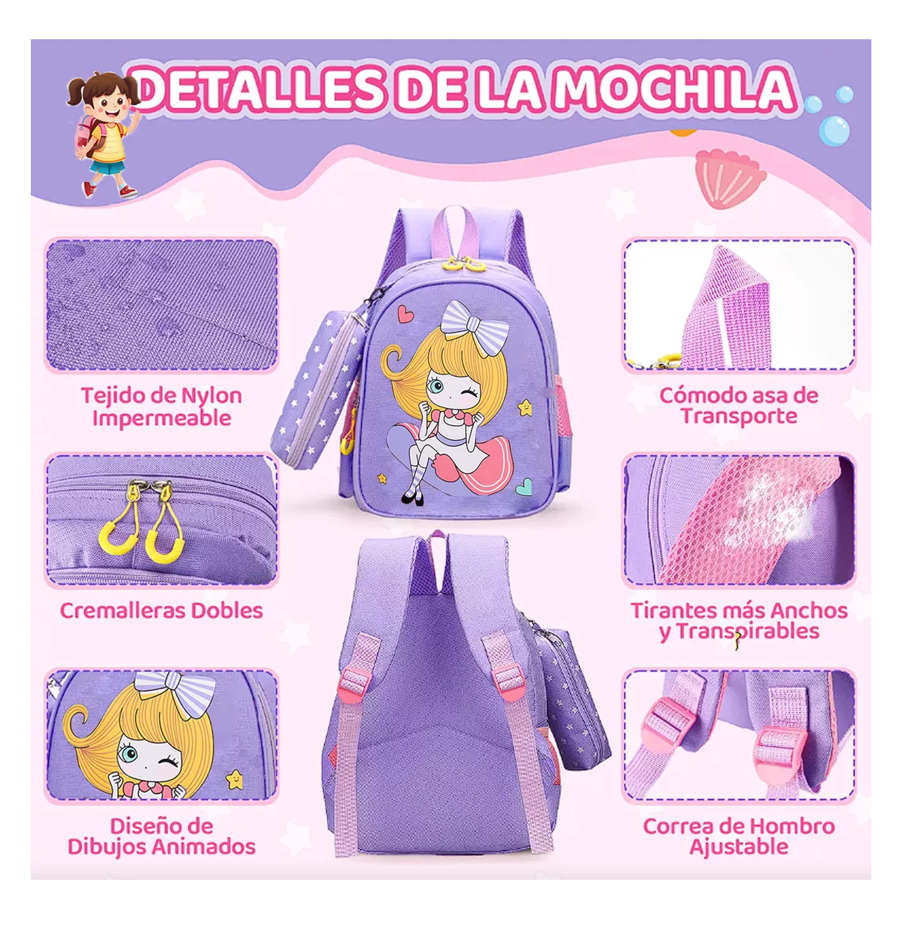 Foto 2 | Mochila Impermeable Para Estudiantes De Escuela Violeta