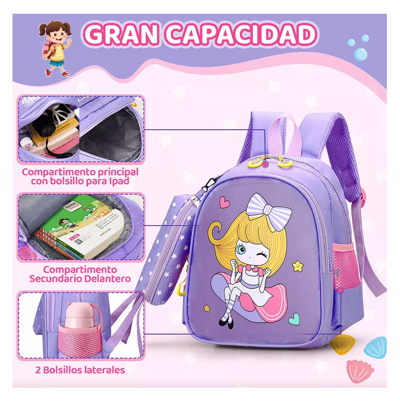 Foto 4 pulgar | Mochila Impermeable Para Estudiantes De Escuela Violeta