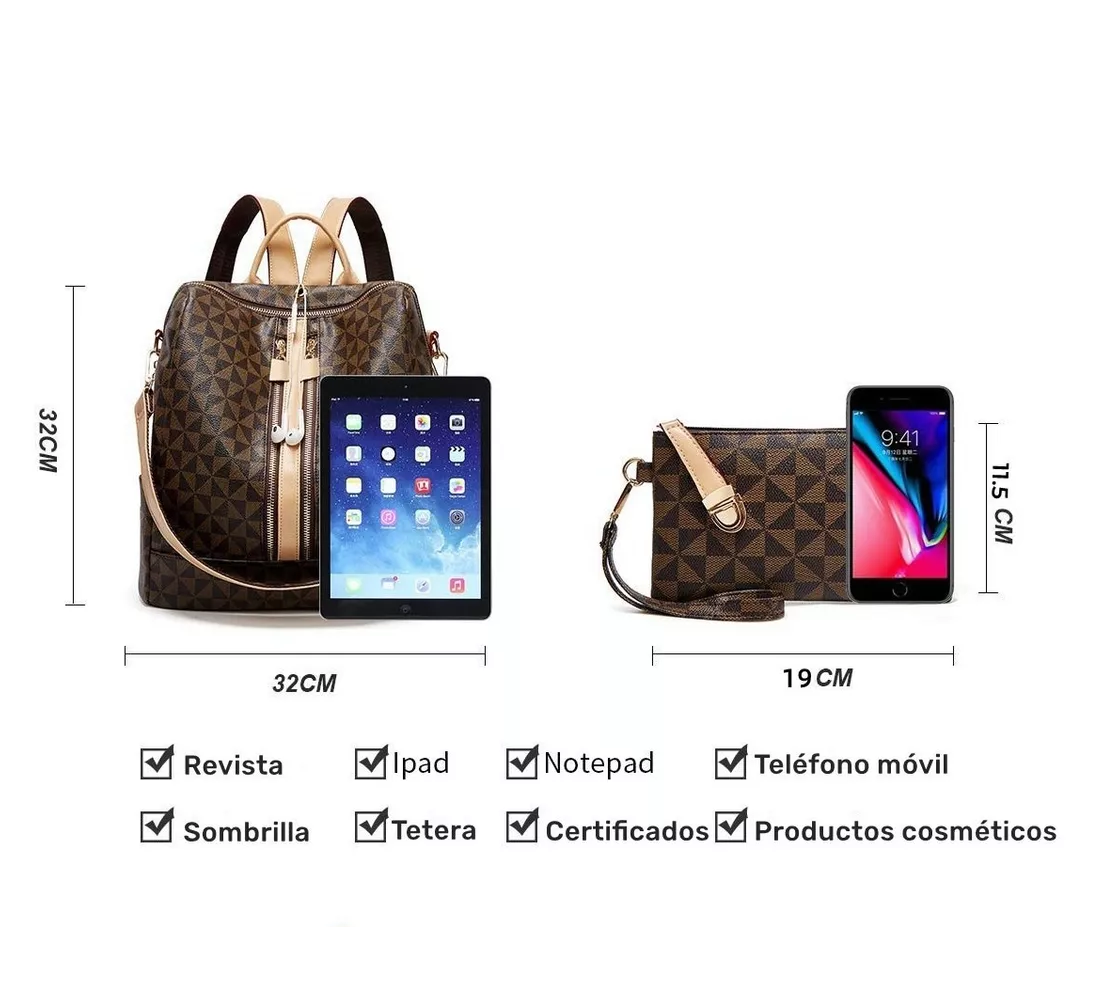 Foto 6 pulgar | Kit De Mochila Moda Casual Bolso Casual Para Mujer 2 Piezas, Marrón Oscuro