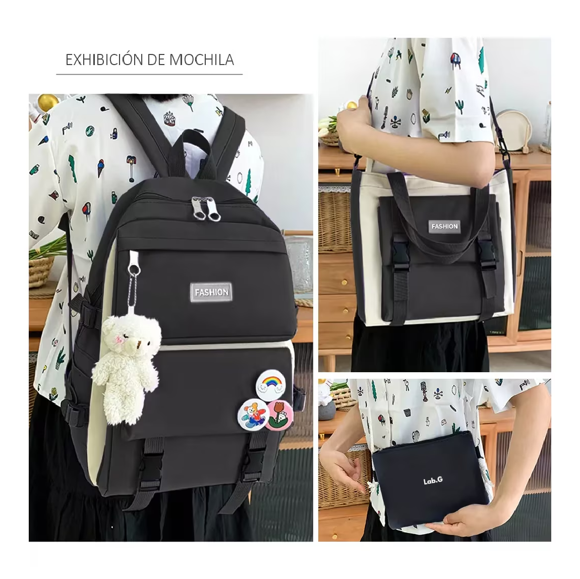 Foto 5 pulgar | Set 5 Mochilas Bolsas Escolar Estudiante Lapicera Tote Lona Negro