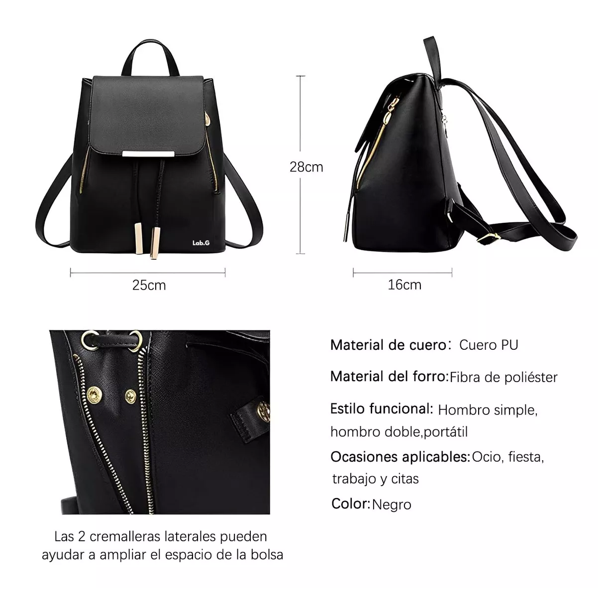 Foto 3 | Mochila  Negra 25 x 28 x 16 cm