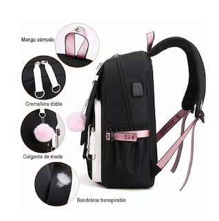 Foto 2 | Mochila Kawaii Estilo Coreano Juvenil Moda Con Puerto Usb Rosa Negro Belug