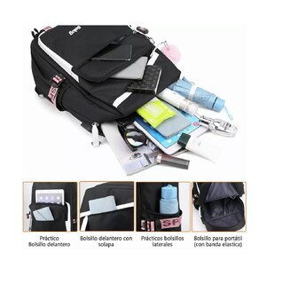Foto 4 | Mochila Kawaii Estilo Coreano Juvenil Moda Con Puerto Usb Rosa Negro Belug