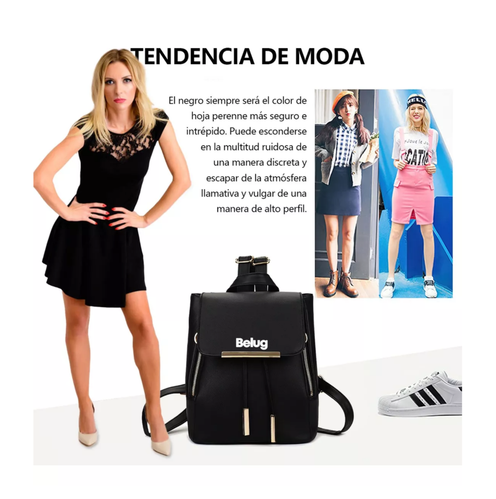 Foto 4 pulgar | Language Mochila De Mujer Bolsa Con Metálica Moda Impermeable Casual Negro Belug