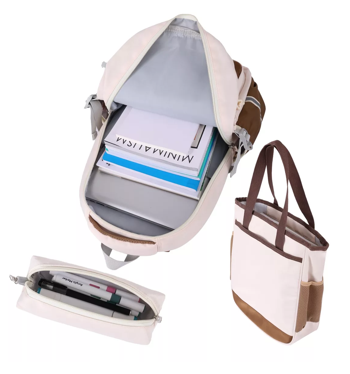 Foto 4 pulgar | Mochila Escolar De Viaje Para Laptop Gran Capacidad Set De 3 Piezas Beige/marrón