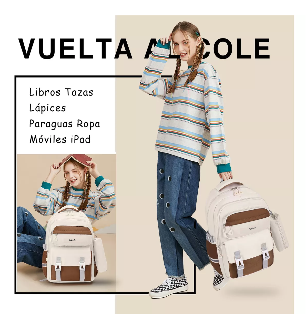 Foto 5 | Mochila Escolar De Viaje Para Laptop Gran Capacidad Set De 3 Piezas Beige/marrón