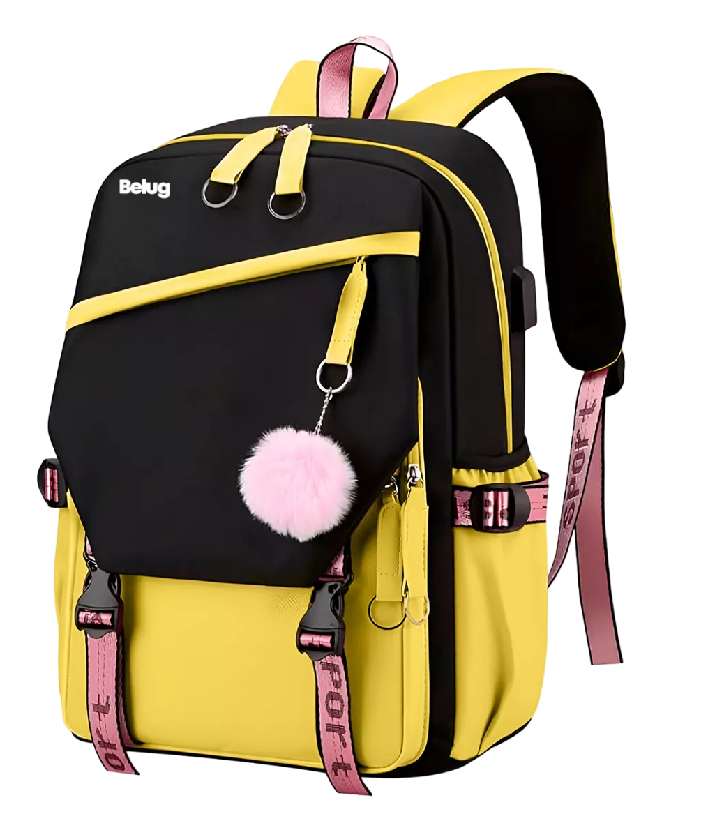 Mochila Kawaii Estilo Coreano Belug Juvenil Moda Con Puerto Usb Amarillo Con Negro