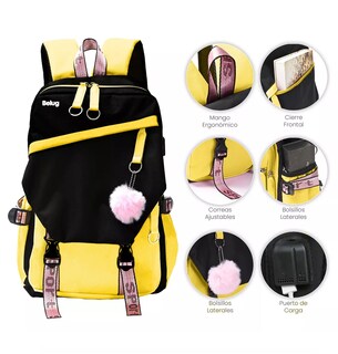 Foto 3 | Mochila Kawaii Estilo Coreano Belug Juvenil Moda Con Puerto Usb Amarillo Con Negro