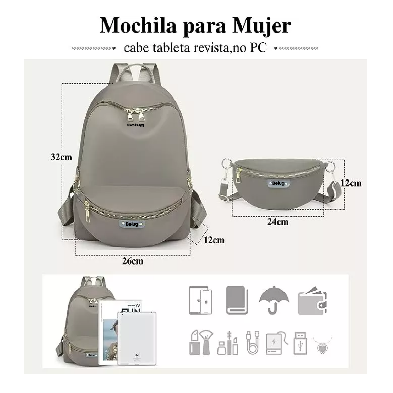 Foto 3 pulgar | Bolsas Mochilas Escolares De Mujer Bolso Antirrobo 2 Piezas Moda Belug Caqui