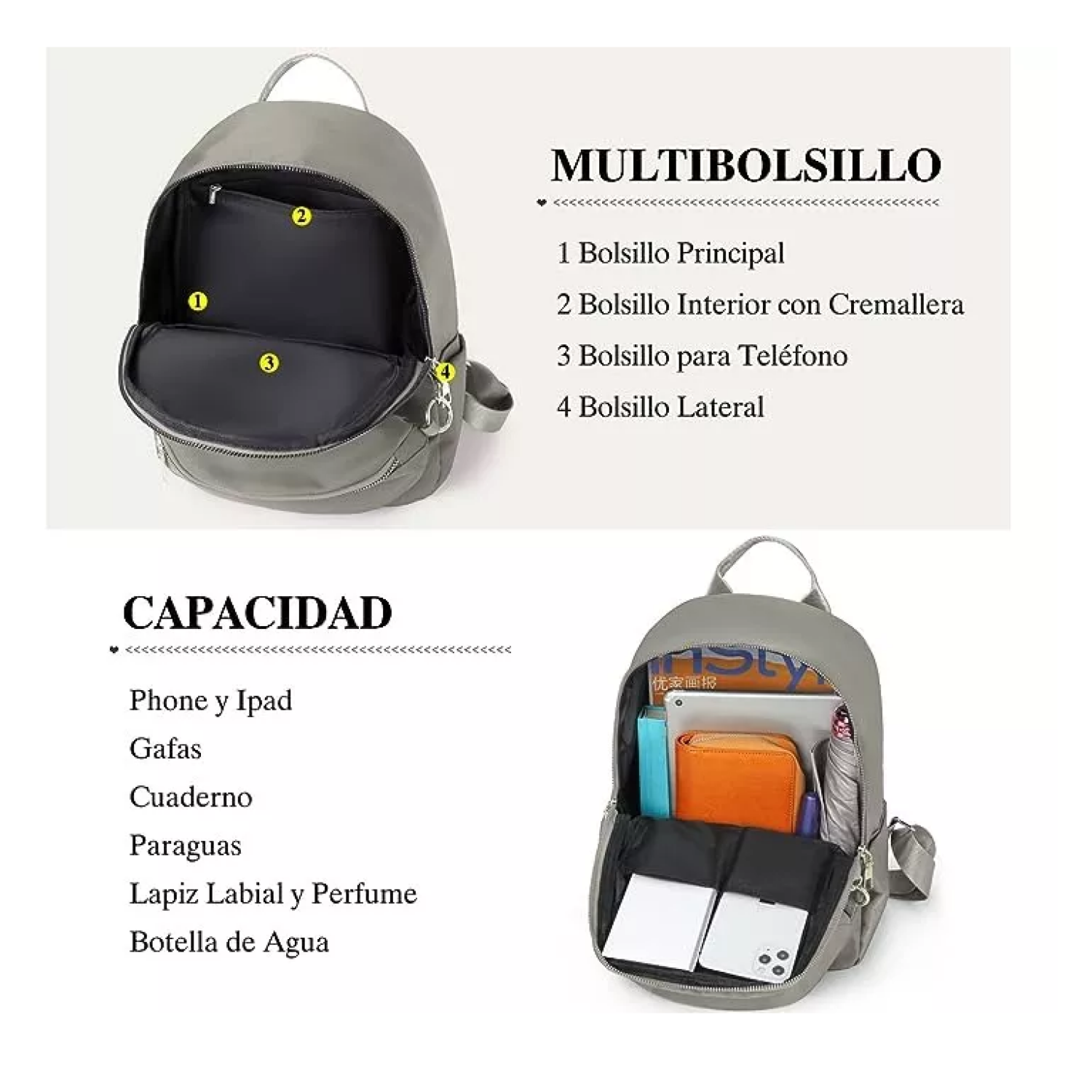 Foto 4 pulgar | Bolsas Mochilas Escolares De Mujer Bolso Antirrobo 2 Piezas Moda Belug Caqui