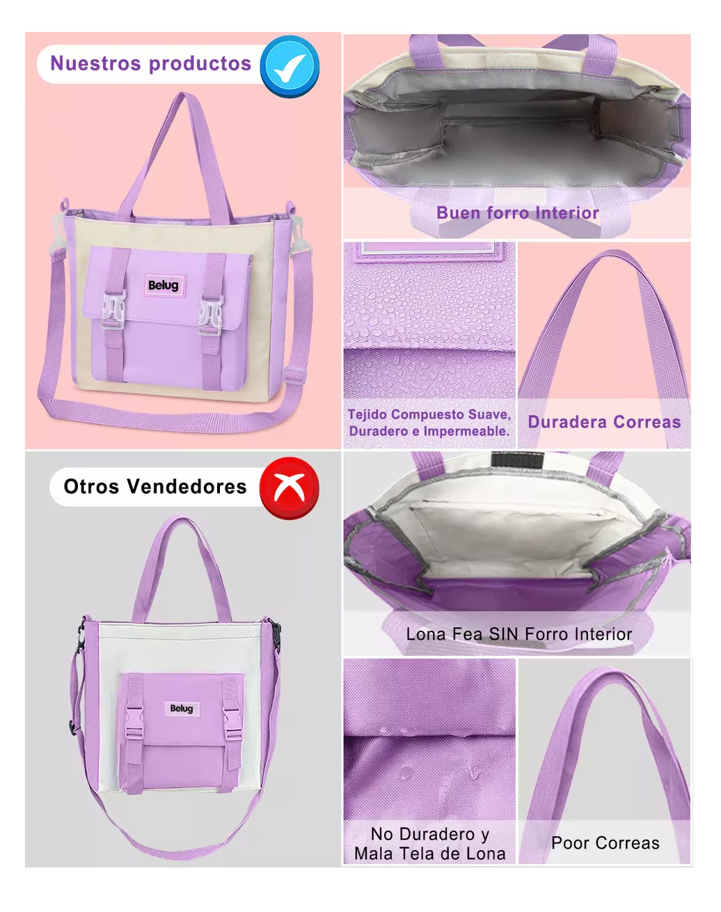 Foto 2 | Mochila Escolar Viaje Bolsa Impermeable Mochilas Reforzada 2 En 1, Belug  Violeta