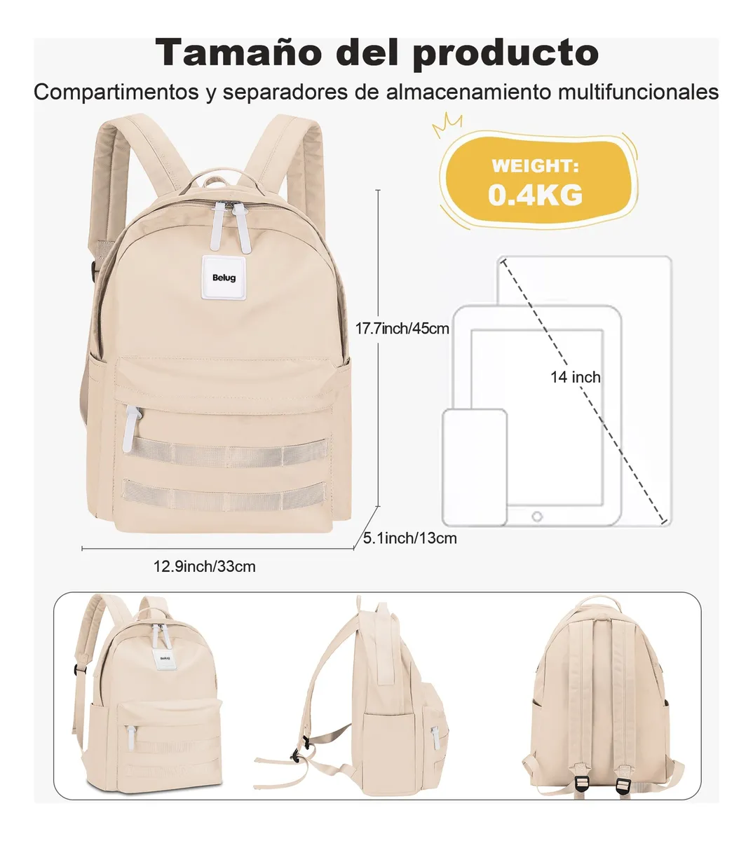 Foto 3 pulgar | Mochila Escolar De Moda Y Viaje Belug Beige