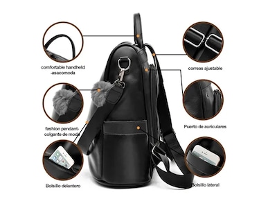 Foto 3 | Mochila Xtellar Mujer Moda Impermeable Cuero Bolsa Para Mujer Color Negro