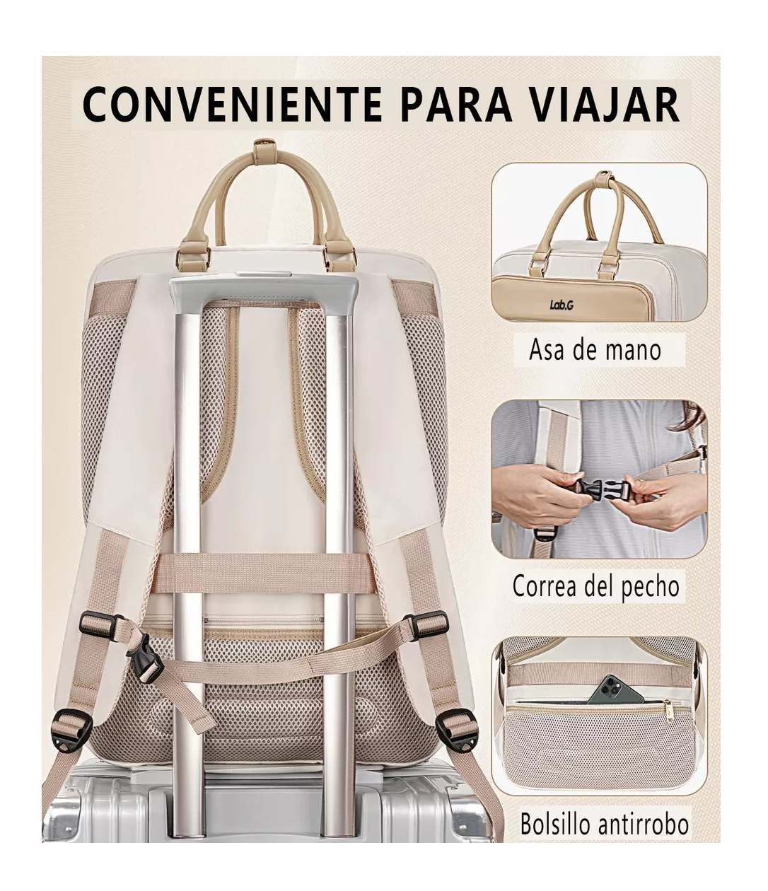 Foto 5 pulgar | Mochila De Viaje Para Mujer, 52l Beige