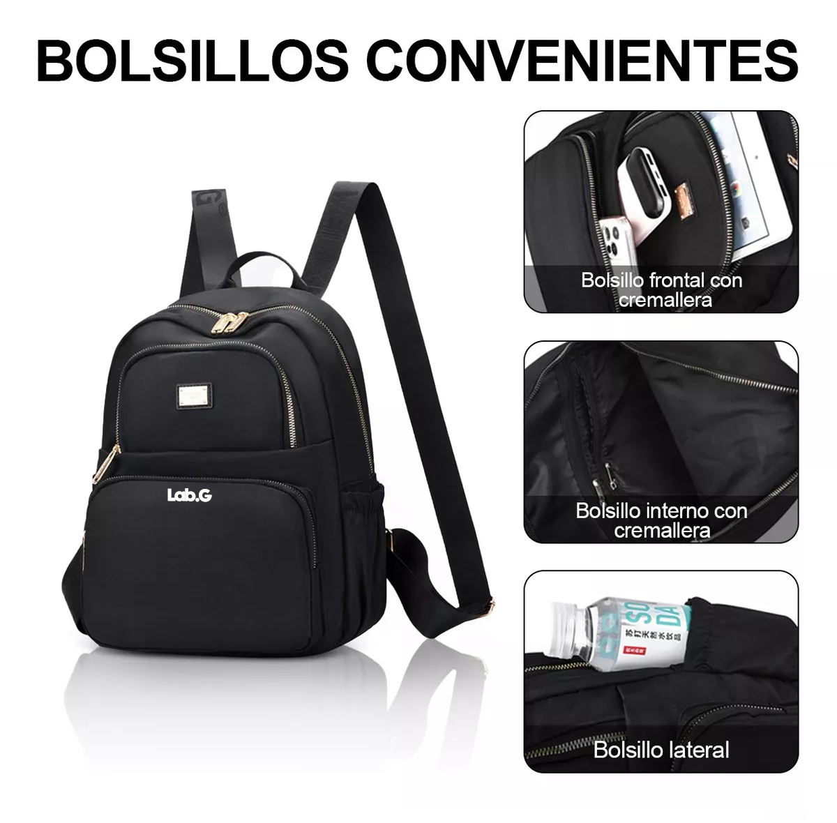 Foto 5 pulgar | Mochila Bolso De Mujer Lab.g  Impermeable Antirrobo Moda, Negro