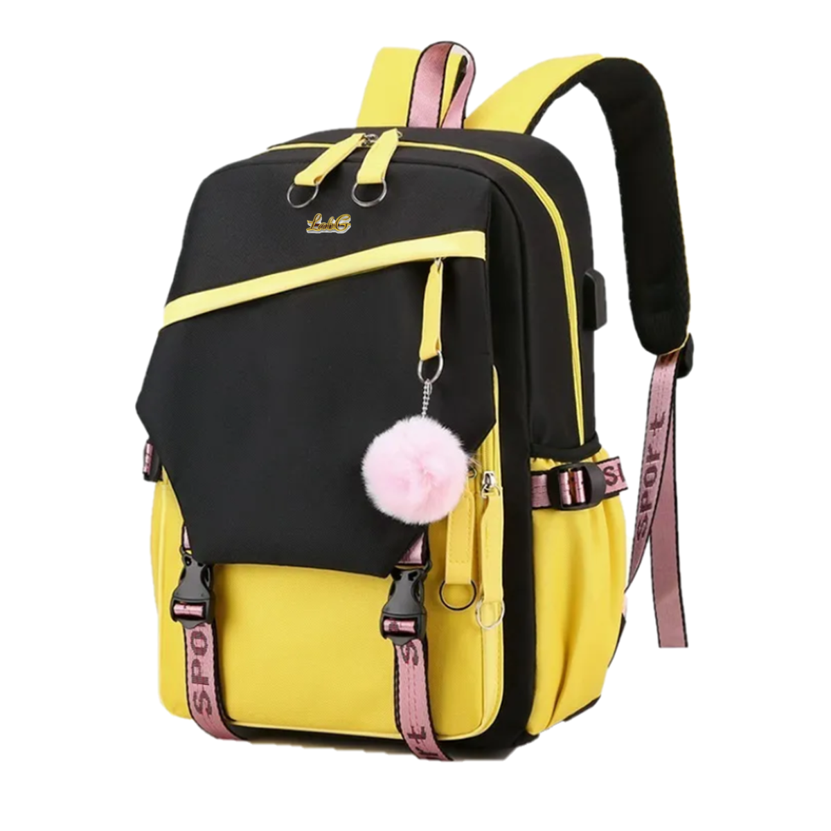 Mochila Estilo Coreano Juvenil Moda Con Puerto Usb Negro Con Amarillo Lab.g Multicolor