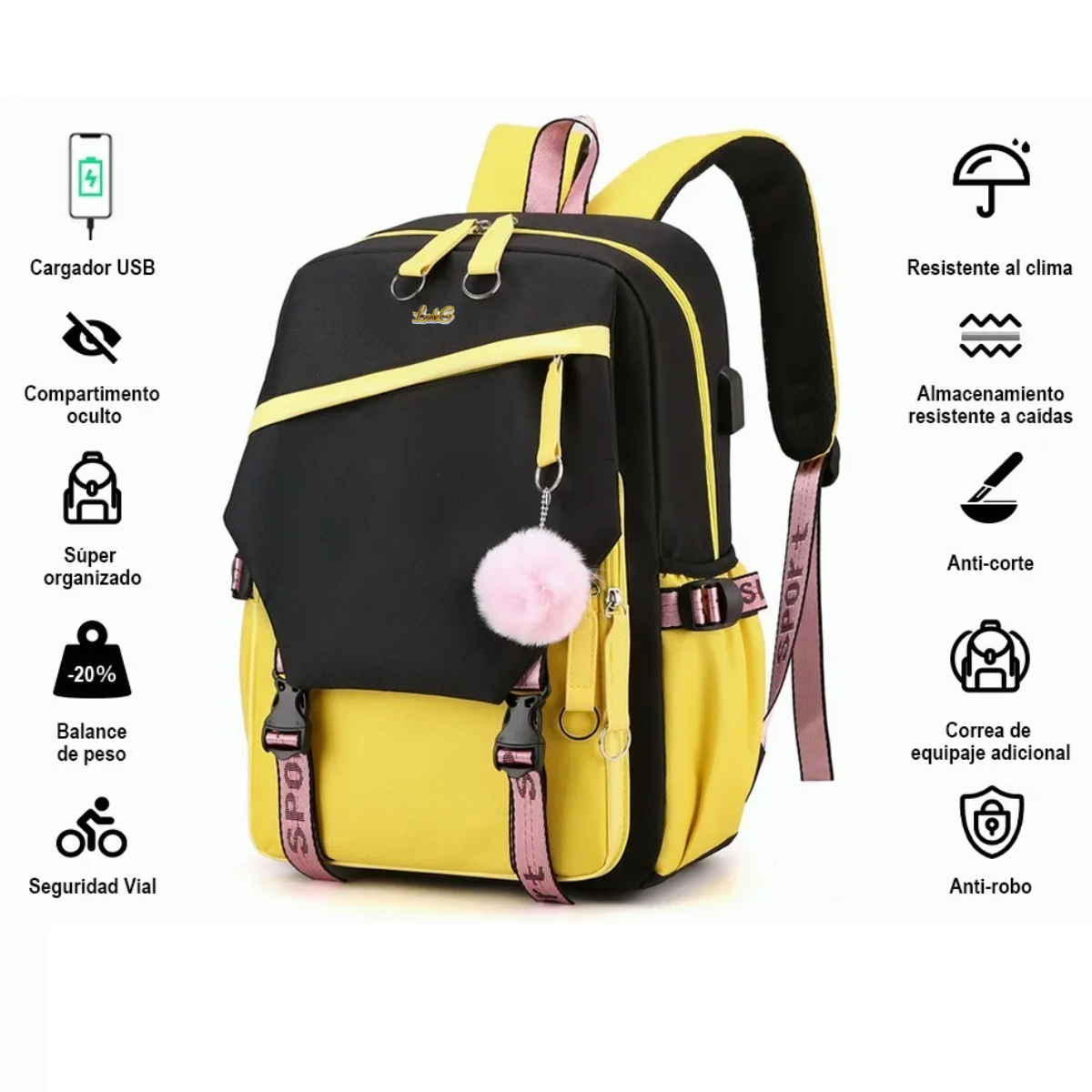 Foto 3 pulgar | Mochila Estilo Coreano Juvenil Moda Con Puerto Usb Negro Con Amarillo Lab.g Multicolor