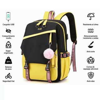 Foto 2 | Mochila Estilo Coreano Juvenil Moda Con Puerto Usb Negro Con Amarillo Lab.g Multicolor
