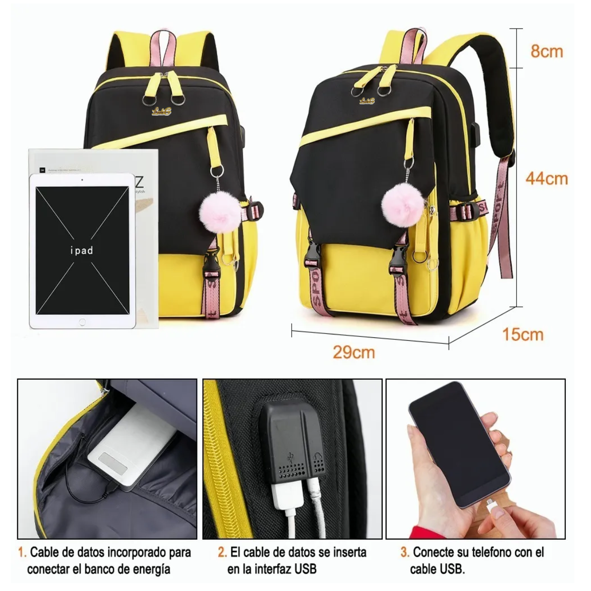 Foto 4 pulgar | Mochila Estilo Coreano Juvenil Moda Con Puerto Usb Negro Con Amarillo Lab.g Multicolor