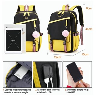 Foto 3 | Mochila Estilo Coreano Juvenil Moda Con Puerto Usb Negro Con Amarillo Lab.g Multicolor