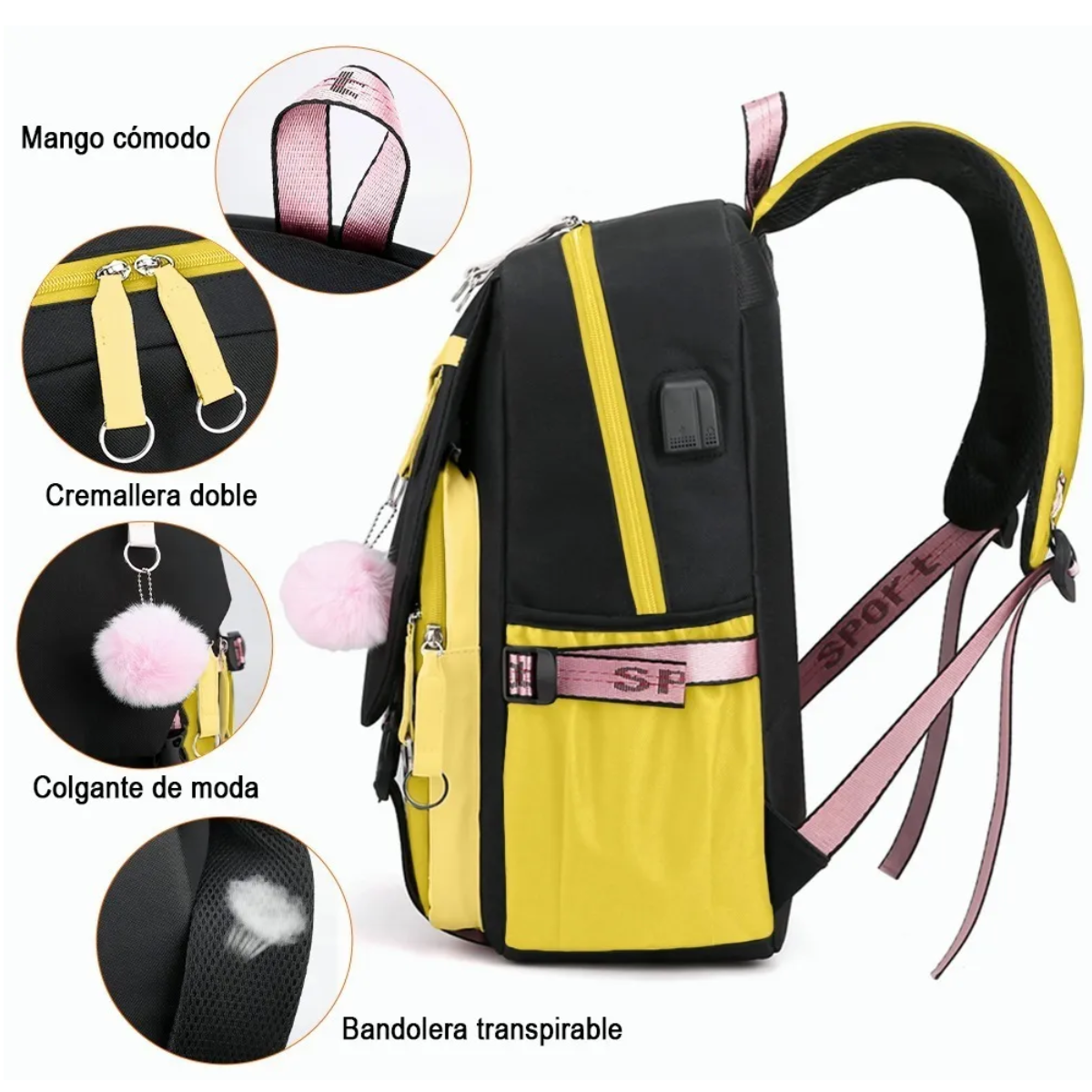 Foto 5 pulgar | Mochila Estilo Coreano Juvenil Moda Con Puerto Usb Negro Con Amarillo Lab.g Multicolor