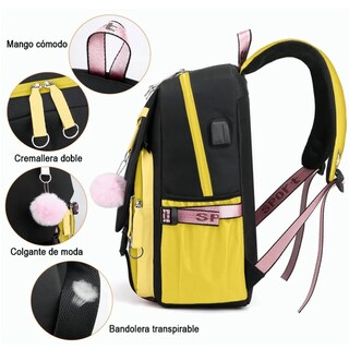 Foto 4 | Mochila Estilo Coreano Juvenil Moda Con Puerto Usb Negro Con Amarillo Lab.g Multicolor