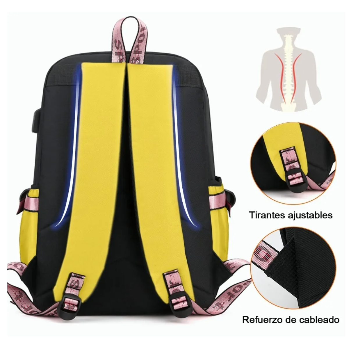 Foto 6 pulgar | Mochila Estilo Coreano Juvenil Moda Con Puerto Usb Negro Con Amarillo Lab.g Multicolor