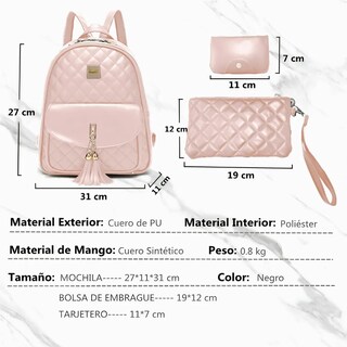 Foto 2 | Mochilas Damas Bolsas De Cuero Versátil Conjunto 3 Pack Lab.g Rosa