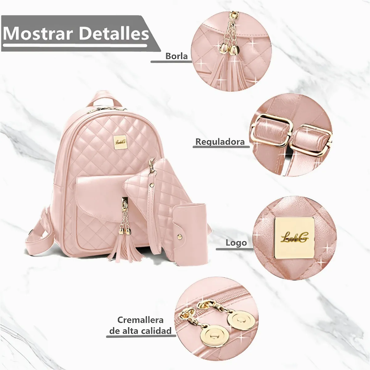 Foto 4 | Mochilas Damas Bolsas De Cuero Versátil Conjunto 3 Pack Lab.g Rosa