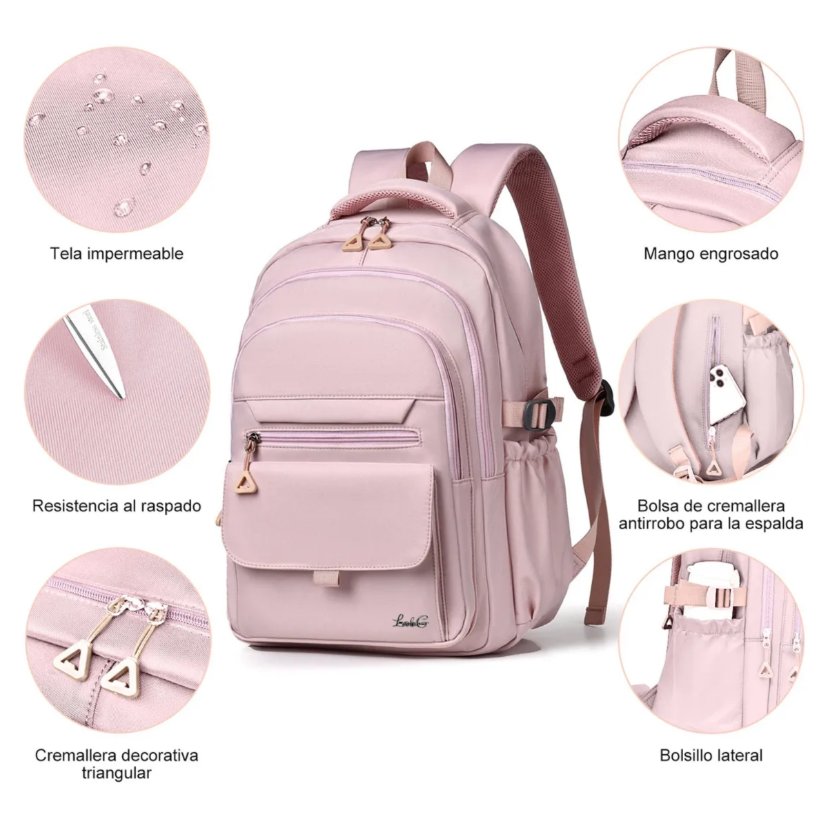 Foto 4 pulgar | Mochila Escolar Viaje Casual Unisex Gran Capacidad Con Multi Bolsillos Mochila Lab.g Rosa