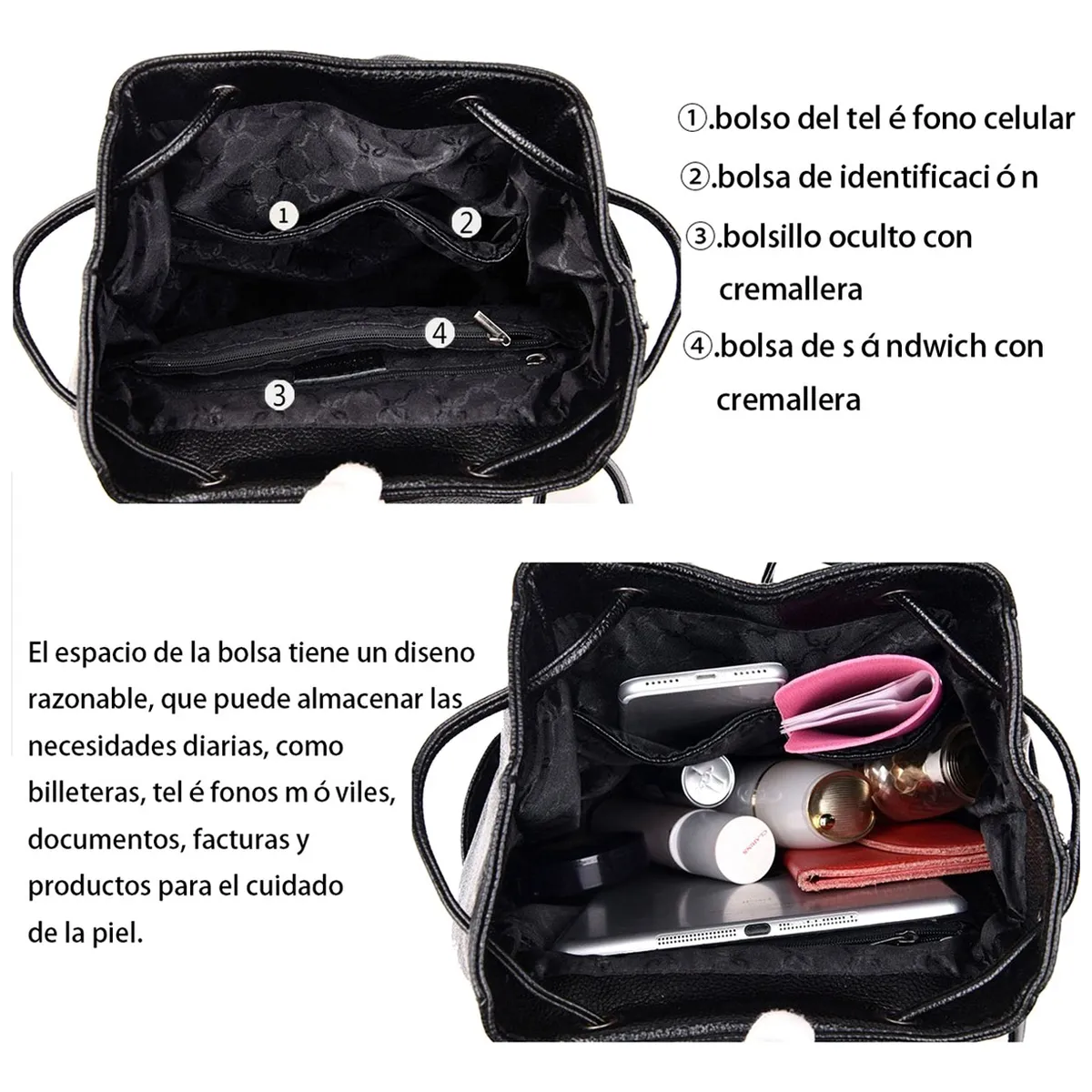 Foto 5 pulgar | Mochila Femenina Impermeable Antirrobo De Cuero Suave Pu Lab.g Negro