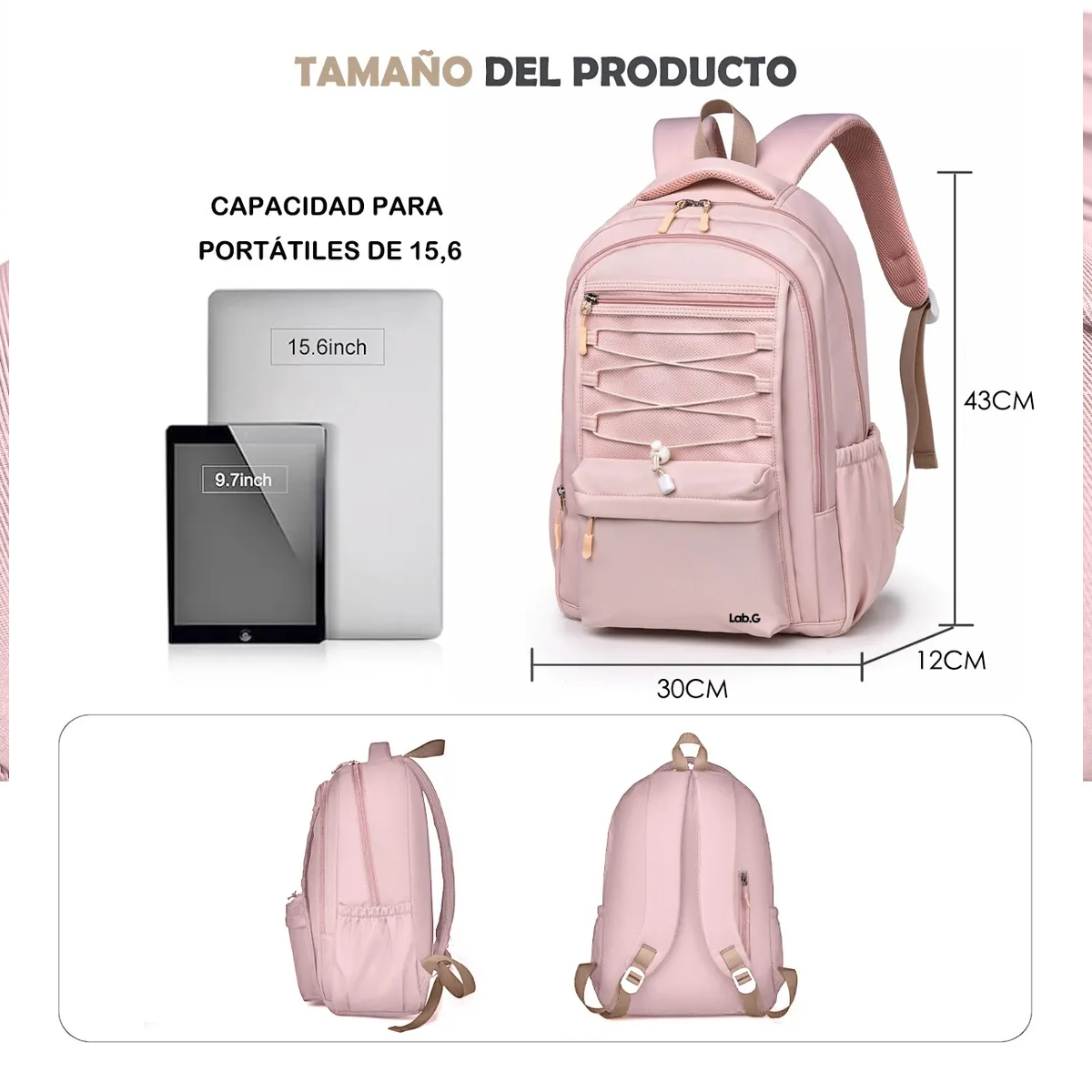 Foto 5 | Mochila Lab.g Escolar Viaje Bolsa Para Laptop 15.6 Rosa