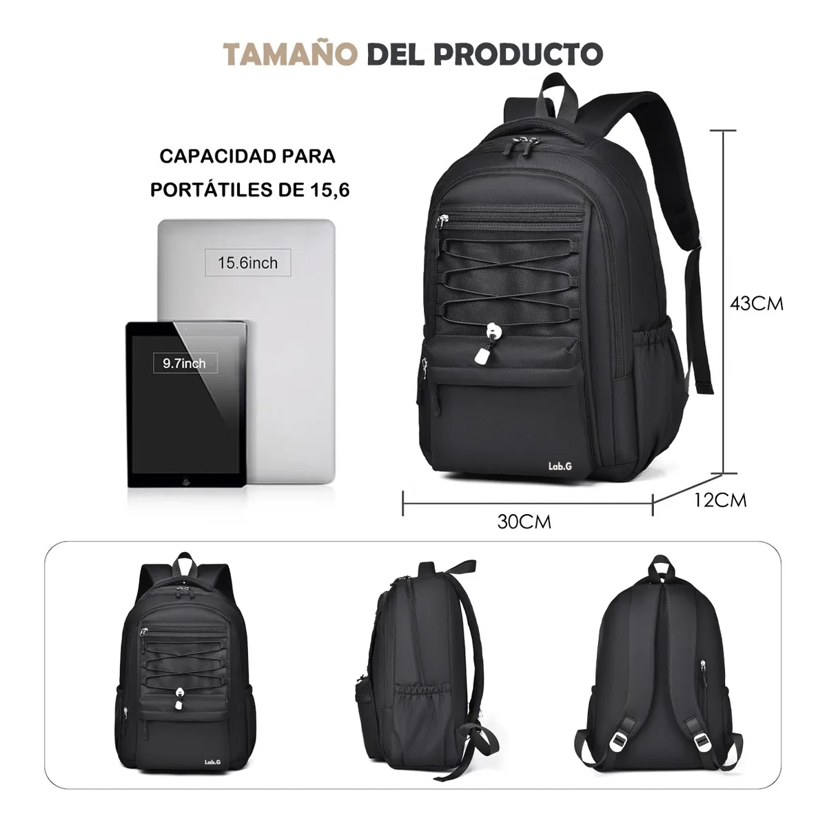 Foto 2 | Mochila Lab.g Escolar Viaje Bolsa Para Laptop 15.6 Negro