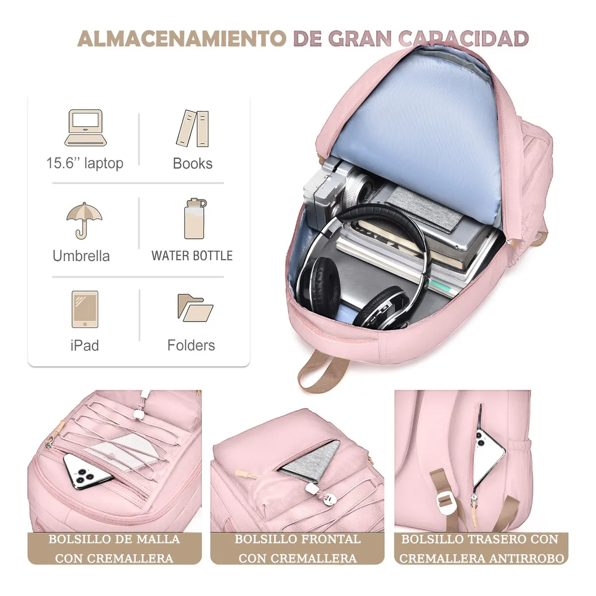 Foto 3 pulgar | Mochila Belug Escolar Viaje Bolsa Para Laptop 15.6 Rosa