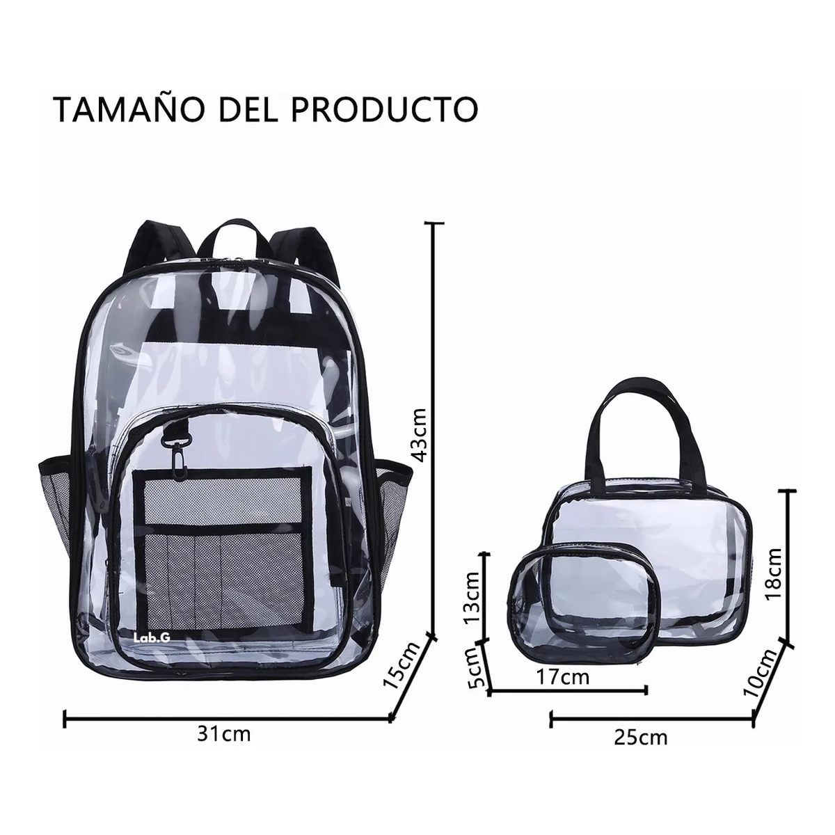 Foto 3 pulgar | Kit De Mochila Transparente Gran Capacidad Simple 3pcs Lab.g Transparente