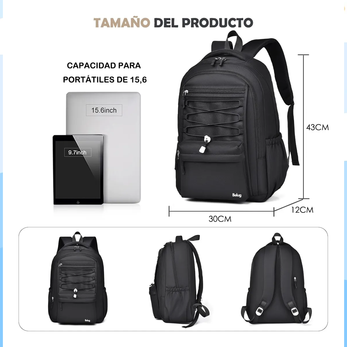 Foto 2 | Mochila Belug Escolar Viaje Bolsa Para Laptop 15.6 Negro
