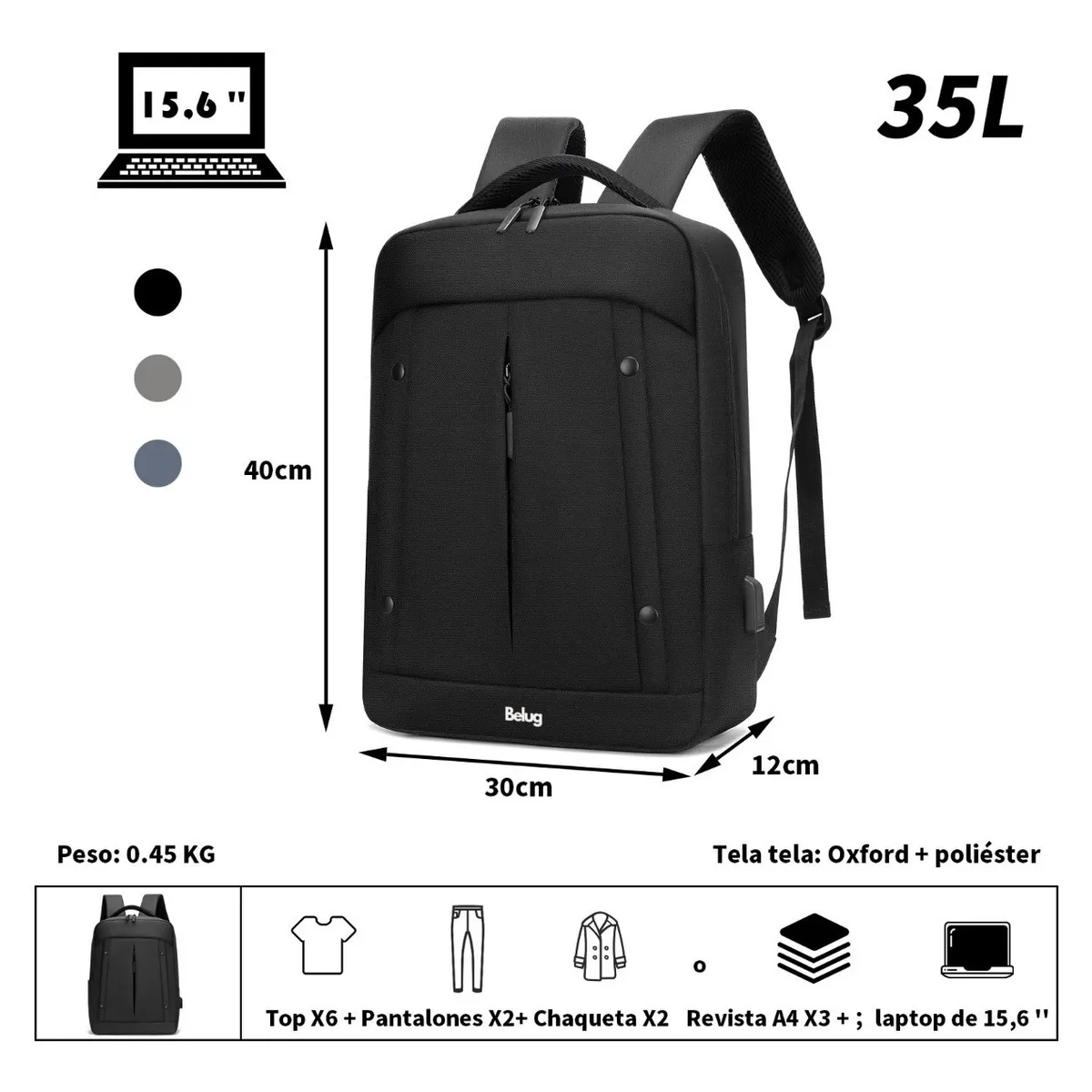 Foto 3 pulgar | Mochila Belug Impermeable Para Portátil De Gran Capacidad Con Usb Negro