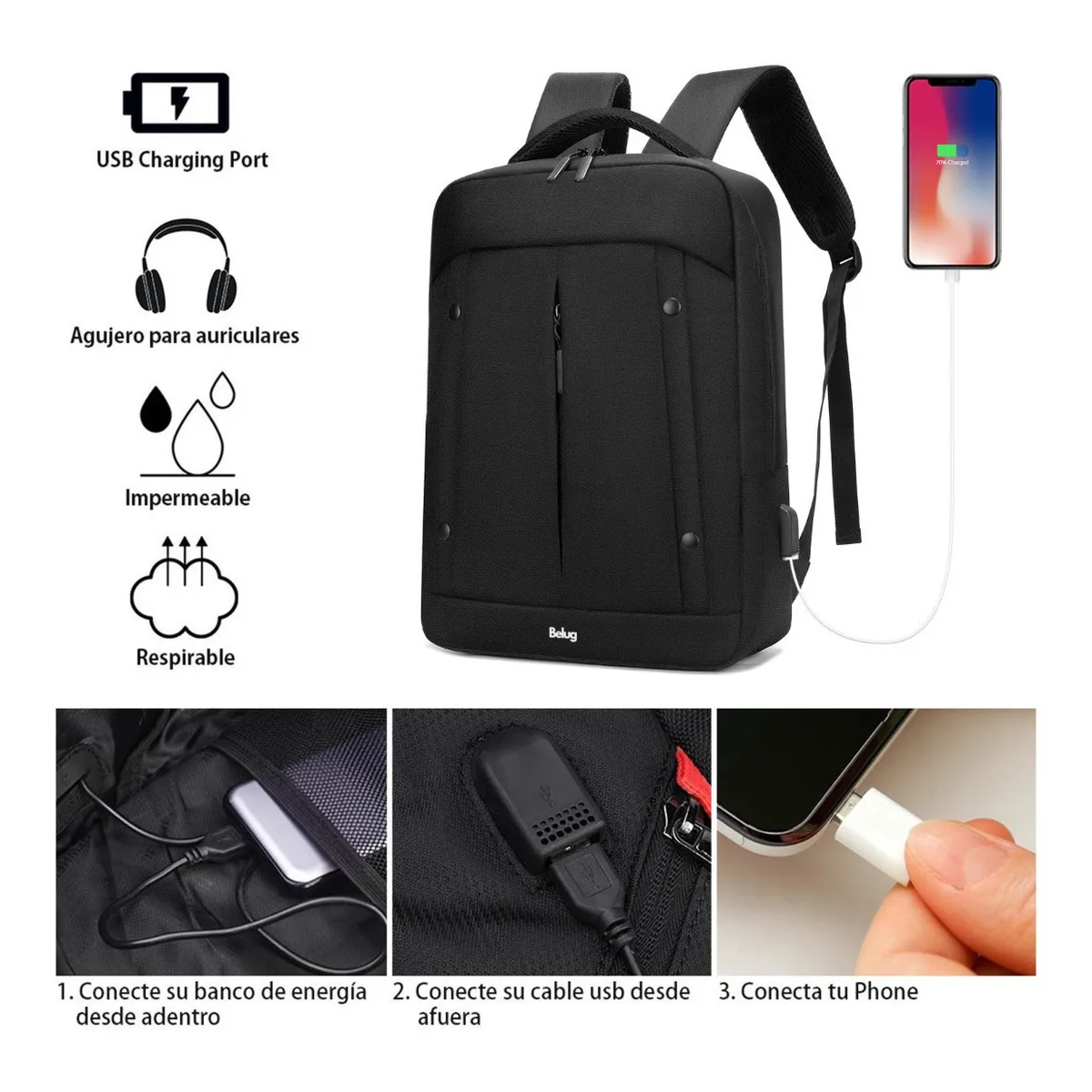 Foto 4 pulgar | Mochila Belug Impermeable Para Portátil De Gran Capacidad Con Usb Negro
