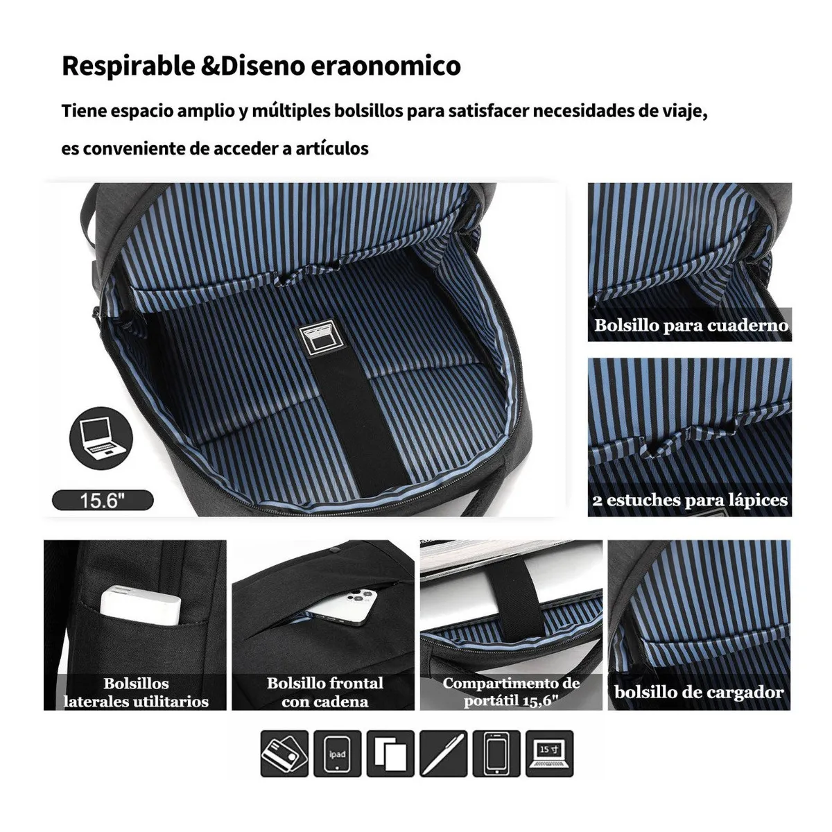 Foto 5 pulgar | Mochila Belug Impermeable Para Portátil De Gran Capacidad Con Usb Negro