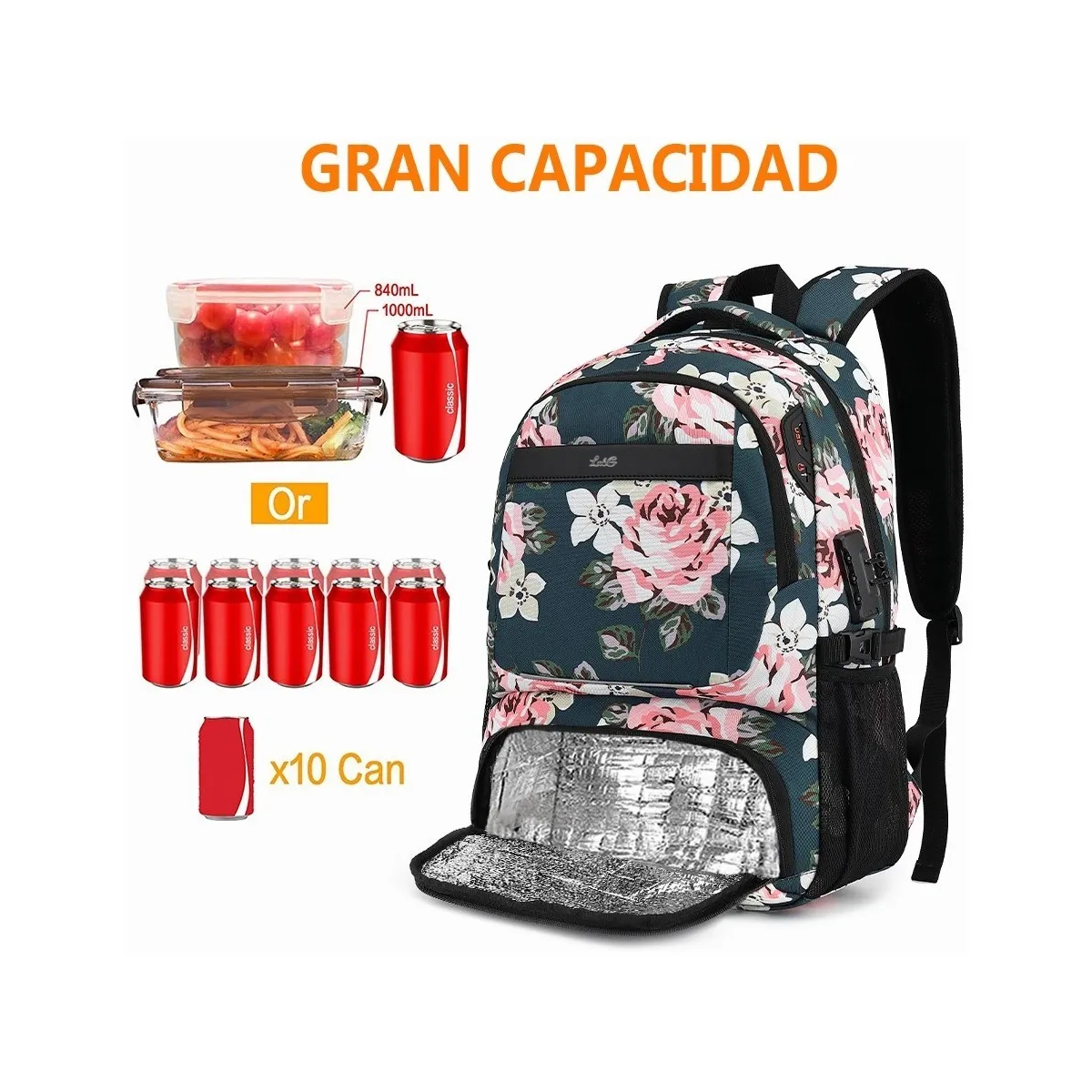 Foto 3 | Mochila De Almuerzo Antirrobo Impermeable A Portátil 15,6i Color Peonía Diseño De La Tela Oxford  Lab.g Verde