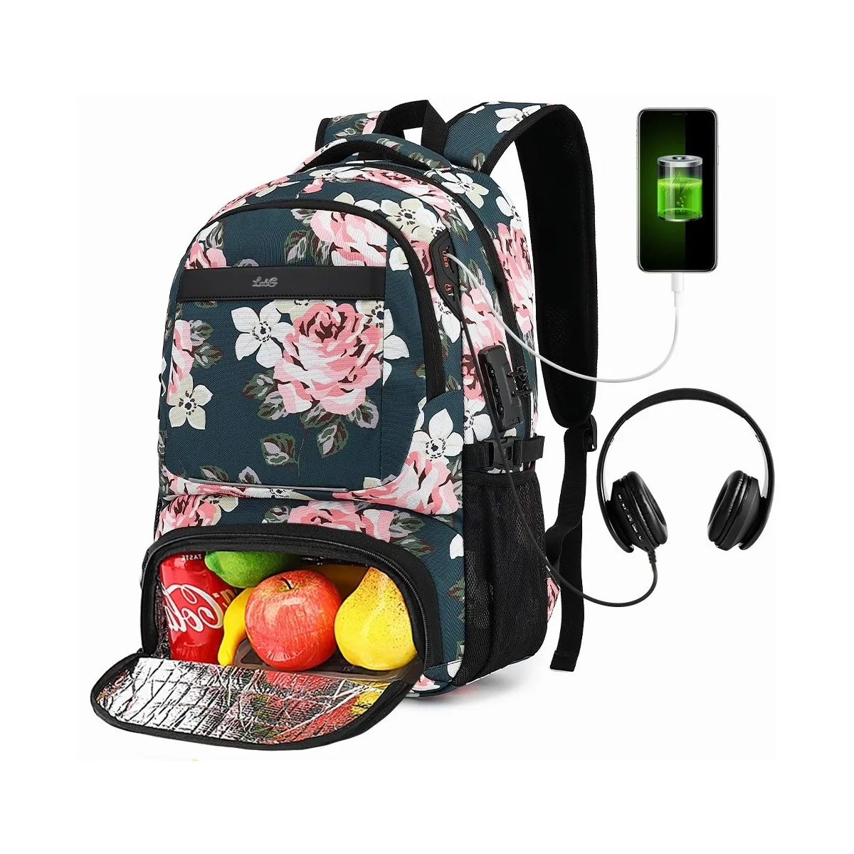 Foto 5 | Mochila De Almuerzo Antirrobo Impermeable A Portátil 15,6i Color Peonía Diseño De La Tela Oxford  Lab.g Verde