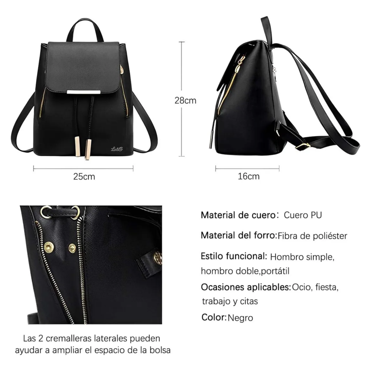 Foto 5 pulgar | Mochila Mujer Bolsa Con Metalica Lab.g Negro