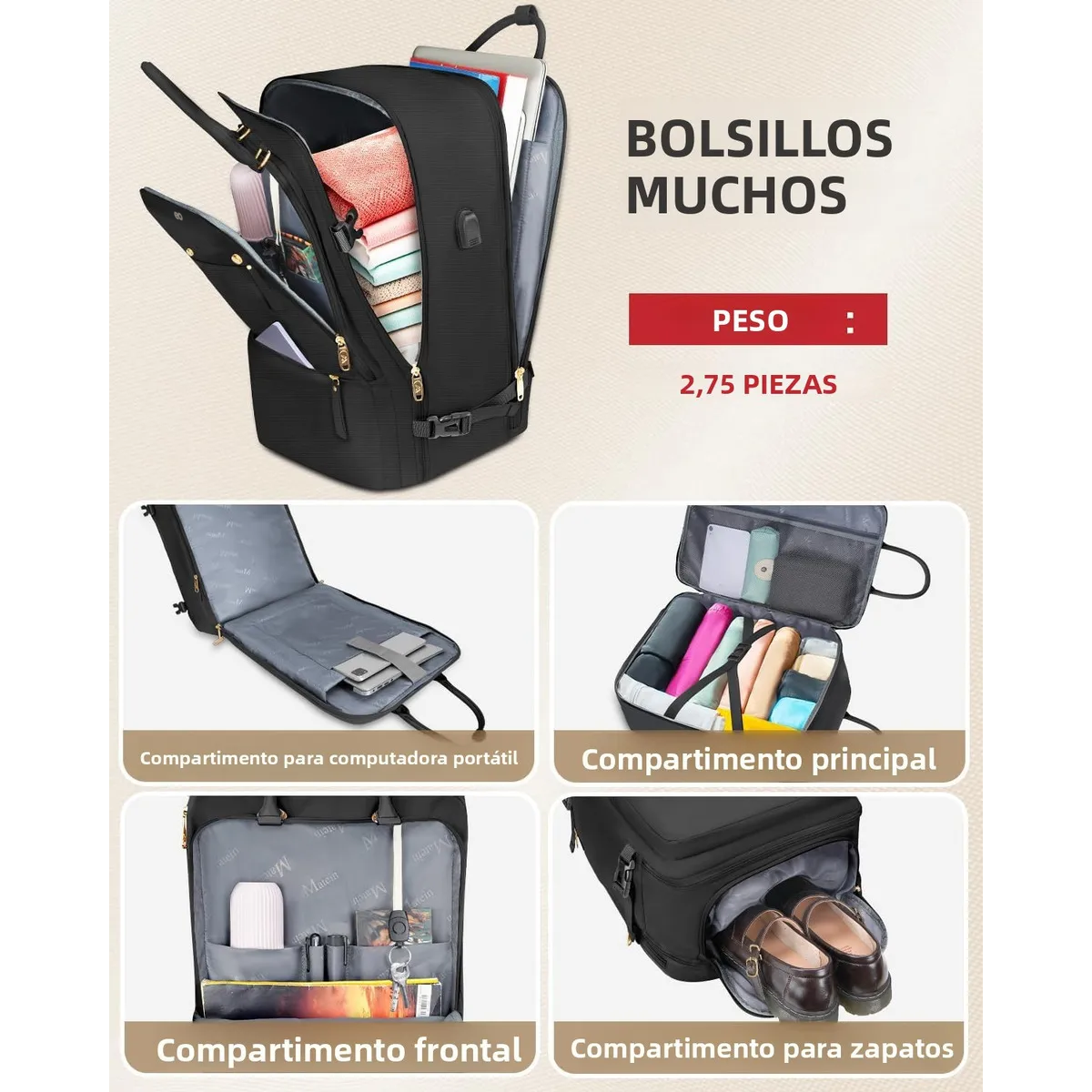 Foto 3 pulgar | Mochila De Viaje Grande 52l Eo Safe Imports Esi-19858 Negro