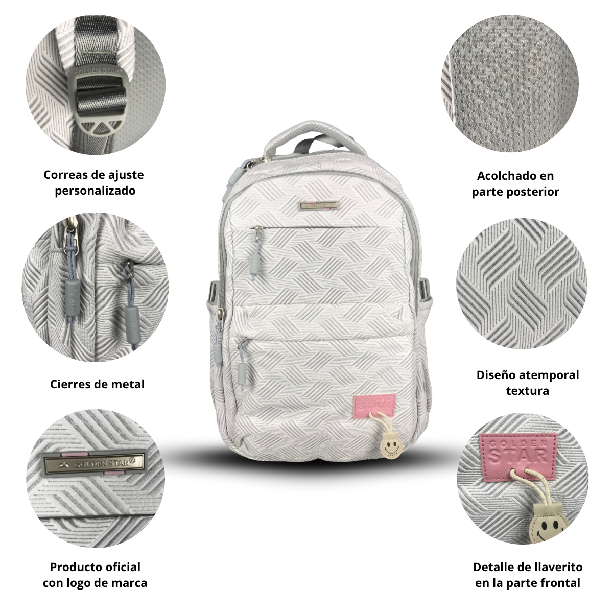 Foto 3 pulgar | Mochila Golden Star Escolar Rayas Y Llavero Df-4502 Gris